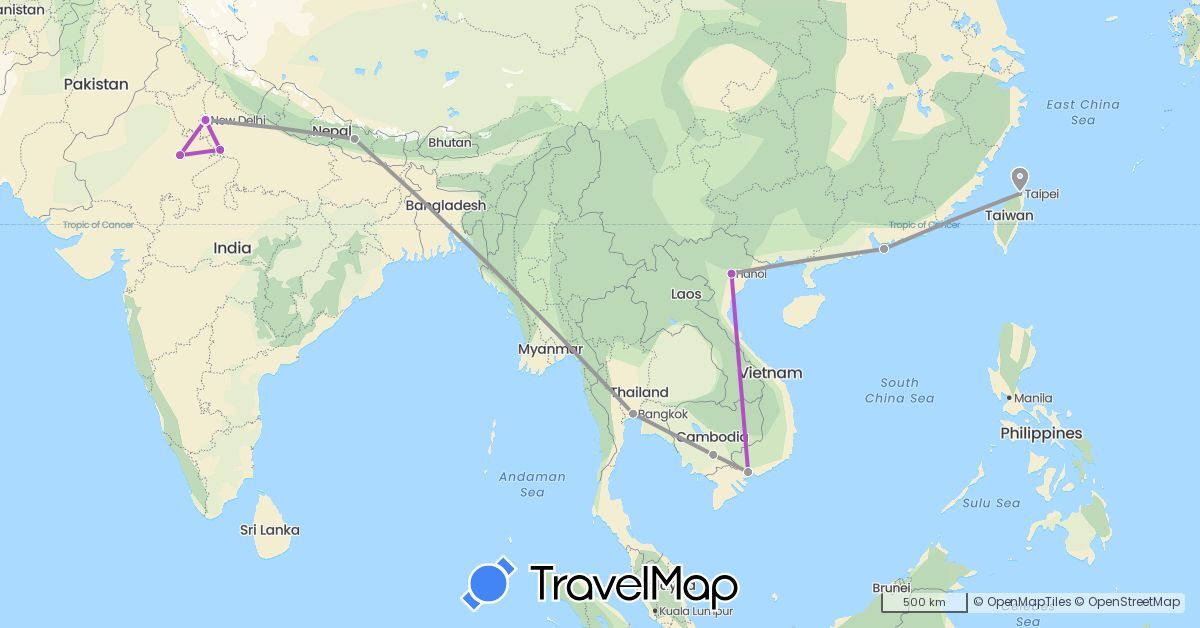 TravelMap itinerary: driving, plane, train in China, India, Cambodia, Nepal, Thailand, Taiwan, Vietnam (Asia)